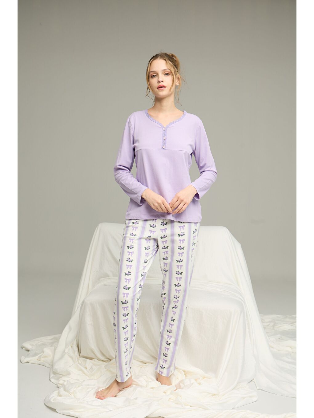 Lila Desenli Örme Pamuklu Pijama Takım25240234-1