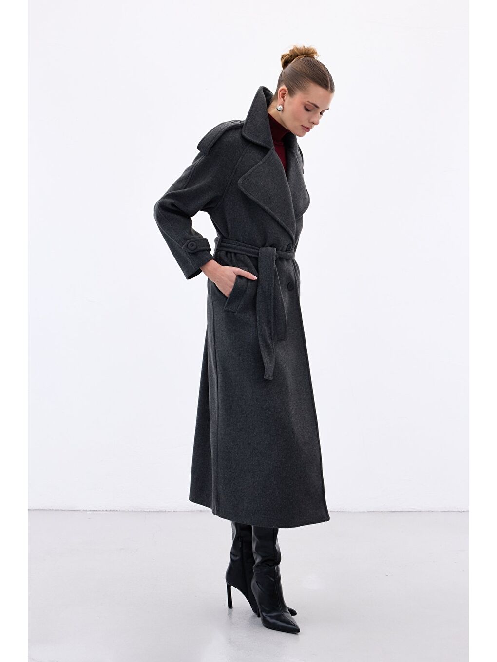 Geniş Yaka Uzun Kaban - Antrasit-4