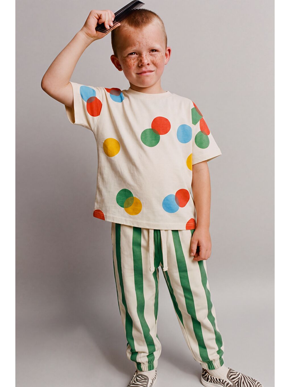 Karışık Unisex Çocuk Pamuklu Puantiyeli T-Shirt Çizgili Eşofman Takım