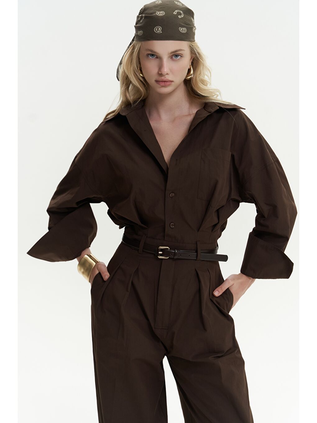 Kahverengi Olney Kemer Detay Uzun Kahve Tulum-2