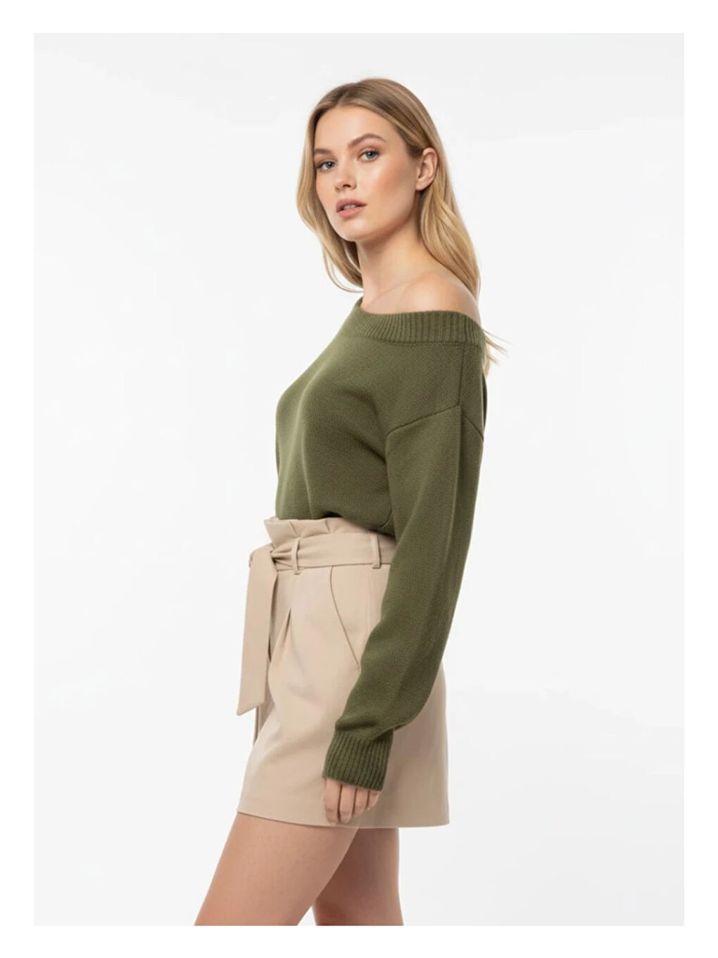 Haki Asimetrik Yaka Oversize Triko Kazak-1