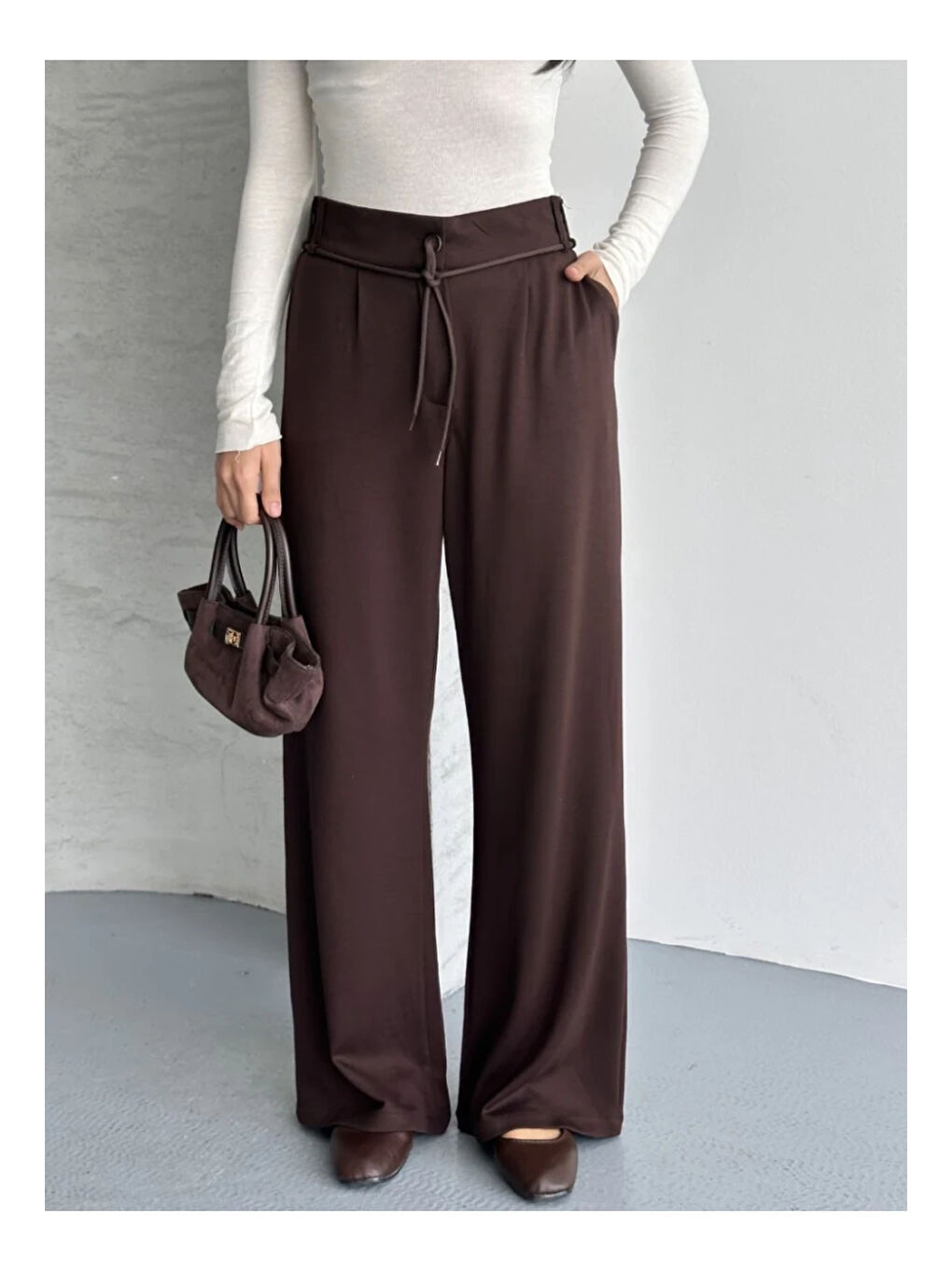 Kahverengi Modal Kumaş Bel Detay Pantalon Kahve