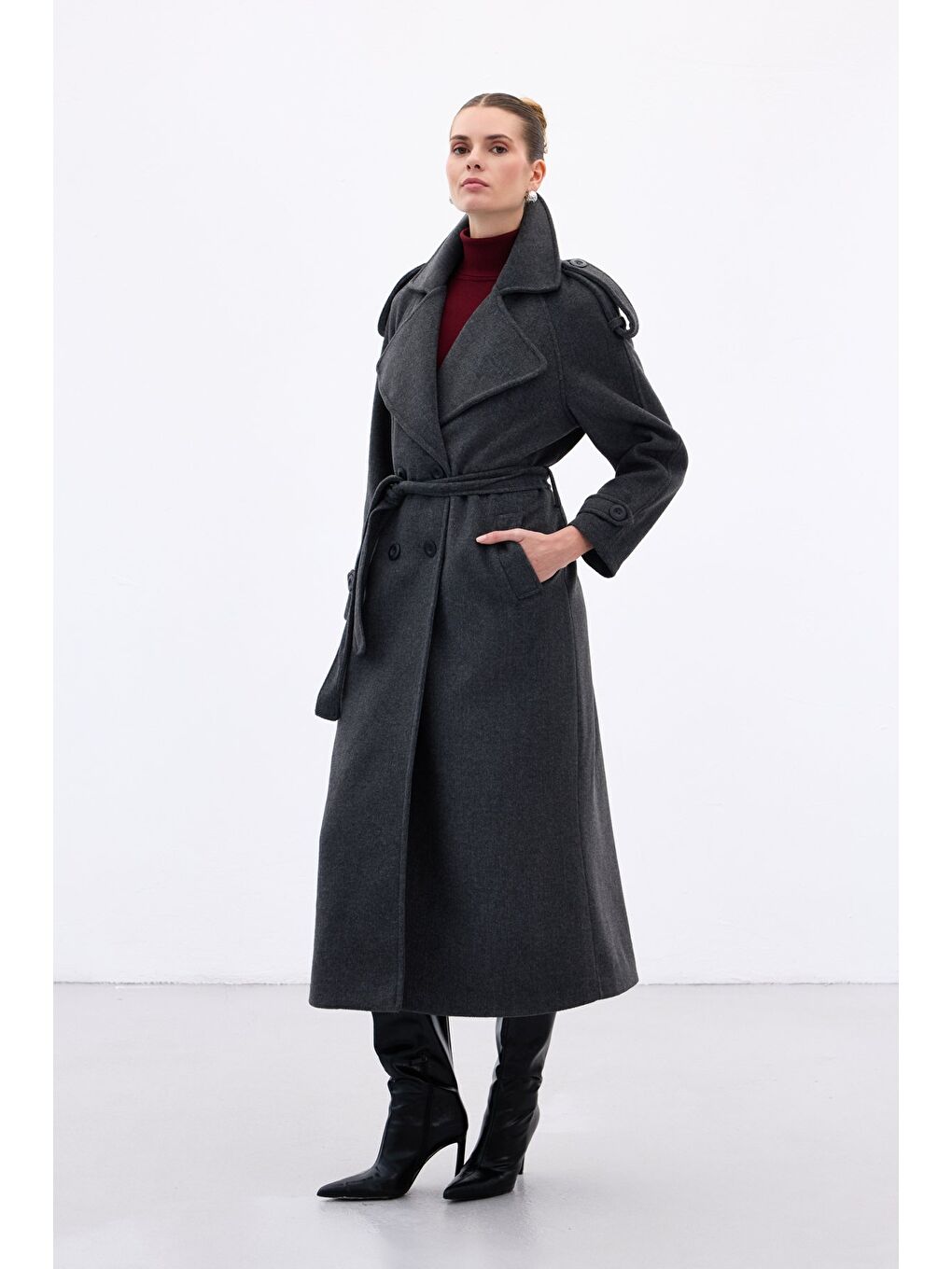 Geniş Yaka Uzun Kaban - Antrasit-5