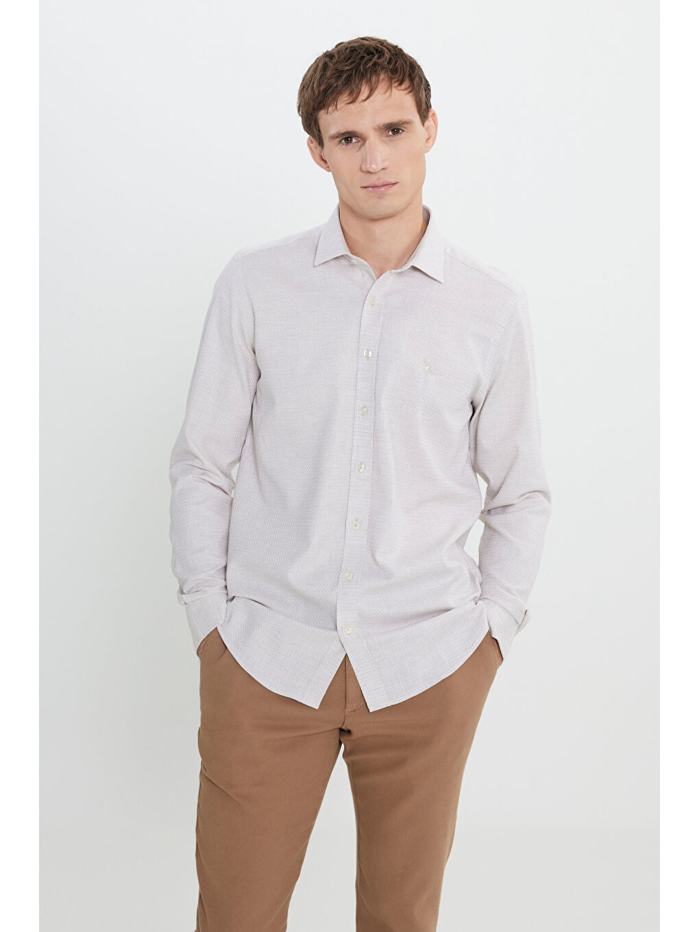 Erkek Bej %100 Pamuk Oxford Slim Fit Dar Kesim Klasik Yaka Balıksırtı Desenli Gömlek-2