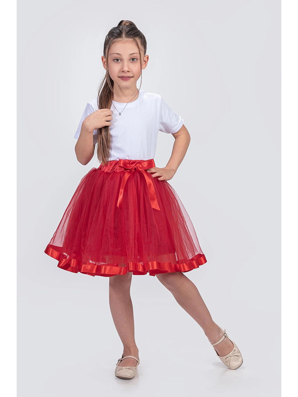 Kırmızı Beli Lastikli Tüllü Kız Çoçuk Etek 6999