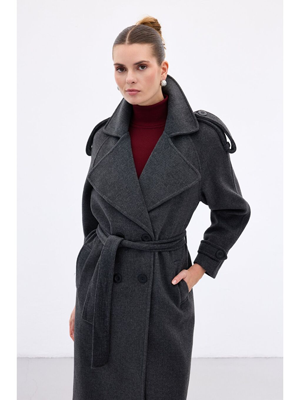 Geniş Yaka Uzun Kaban - Antrasit-6