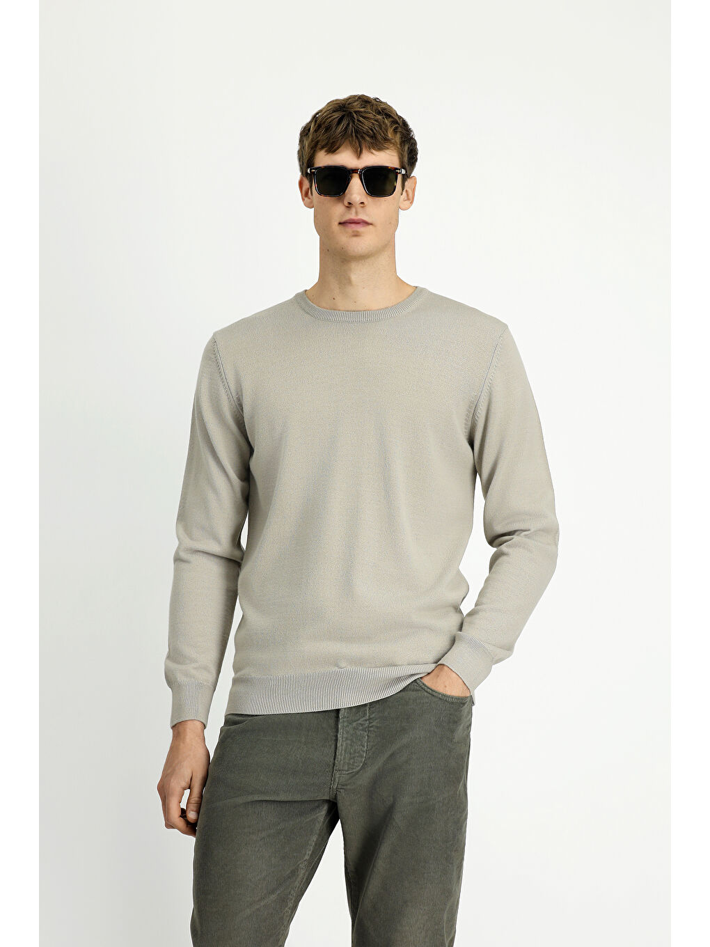 Bej Bisiklet Yaka Regular Fit Yünlü Örme Triko Kazak