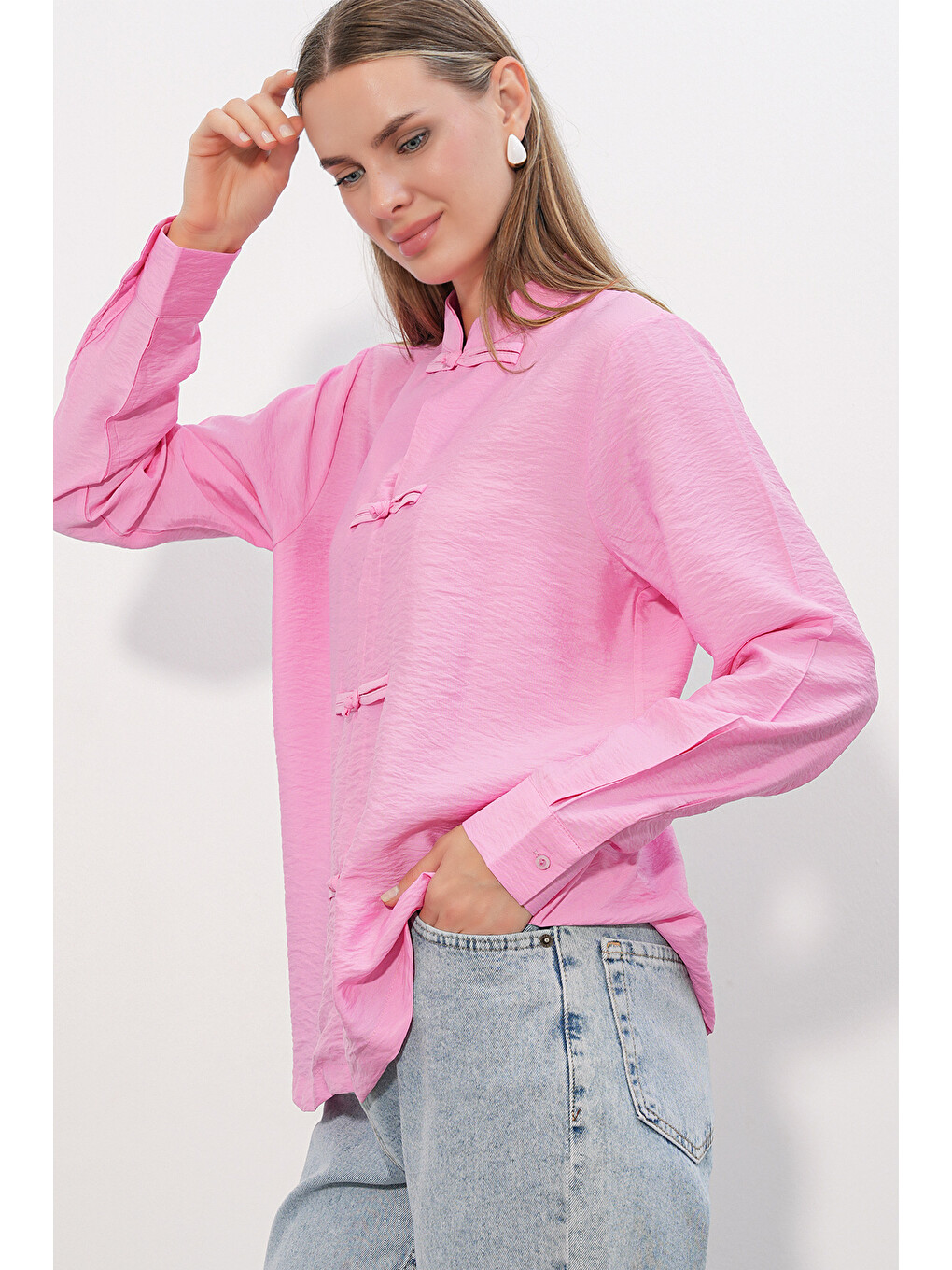Kadın Tasarım Bağcıklı Gömlek 20405 - Pembe-3