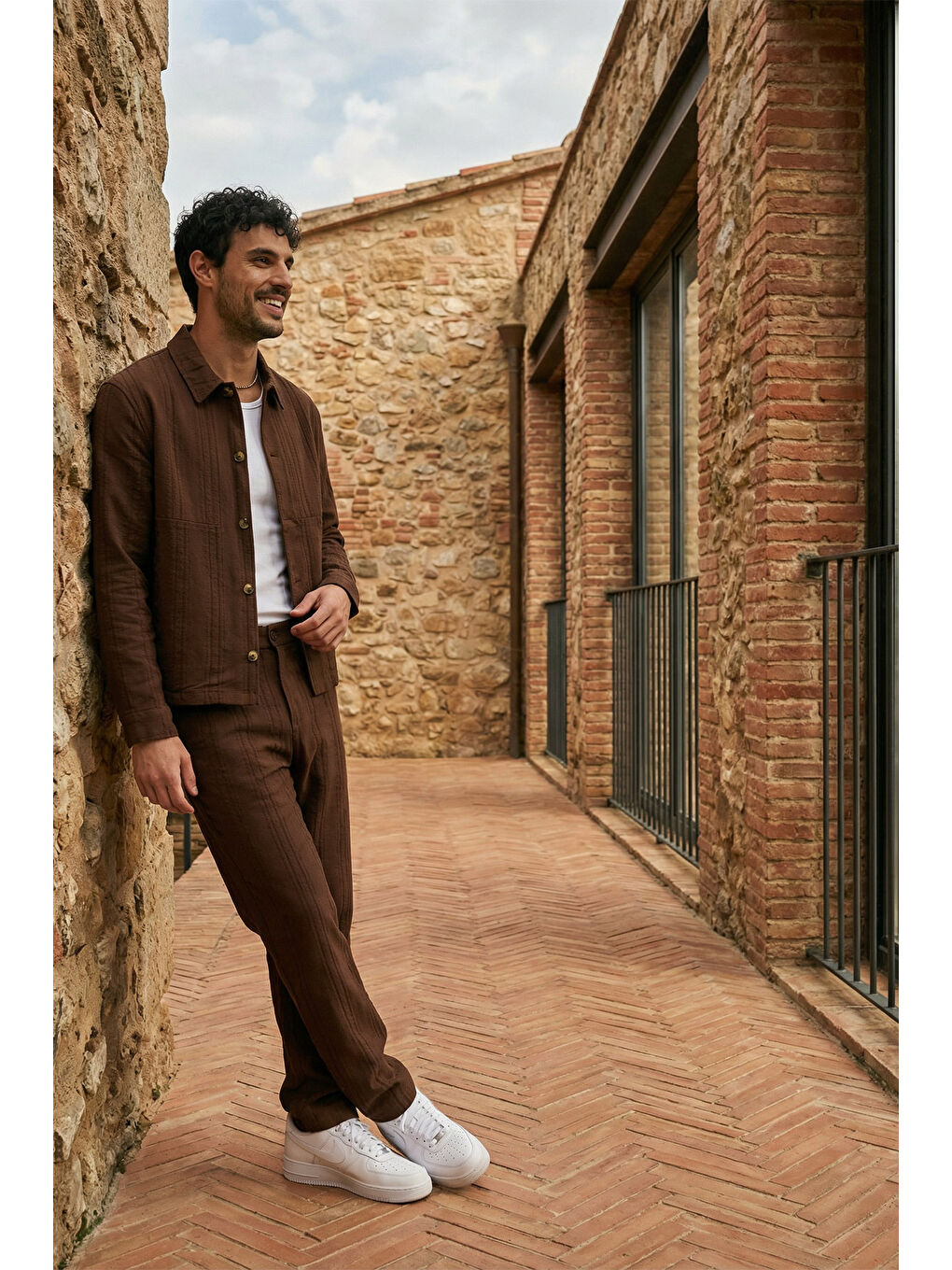 Kahverengi Talbot Premium Keten Desenli Düğmeli Ceket Pantolon Erkek Takım Relax Kalıp-2