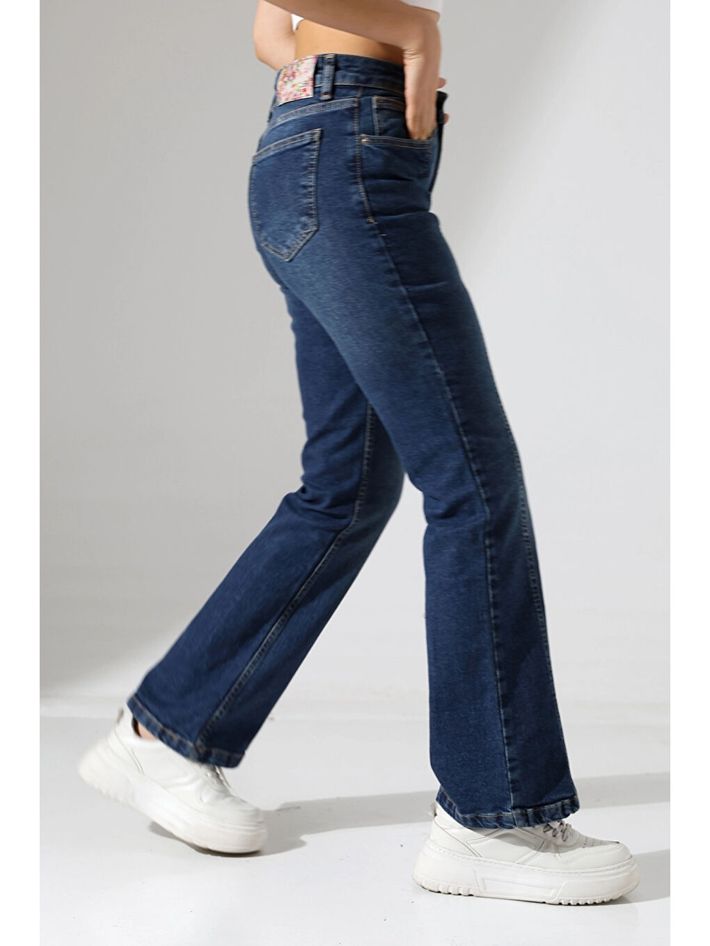 Lacivert Yüksek Bel İspanyol Paça Jean Pantolon-1