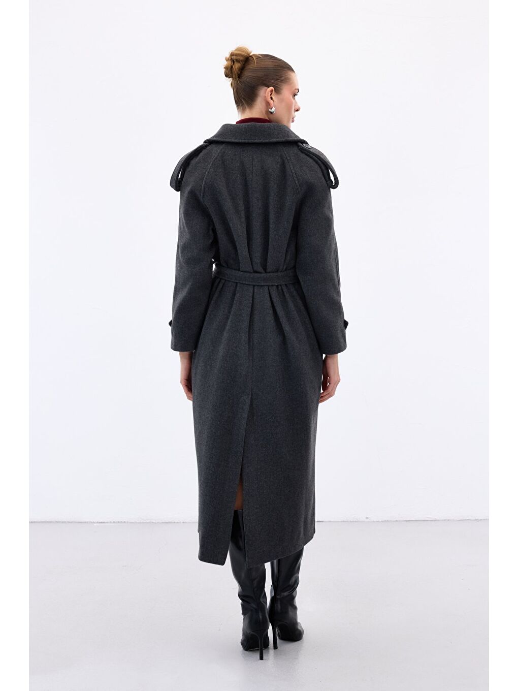 Geniş Yaka Uzun Kaban - Antrasit-7