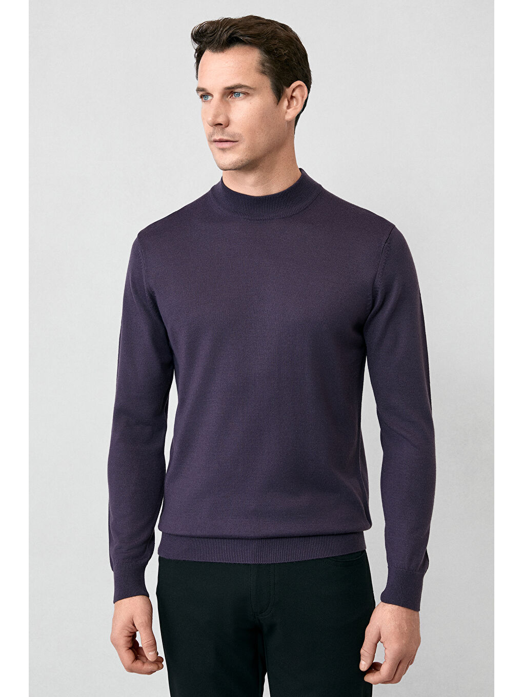 Mor Yarım Balıkçı Yaka Regular Fit Yünlü Basic Örme Triko Kazak-4