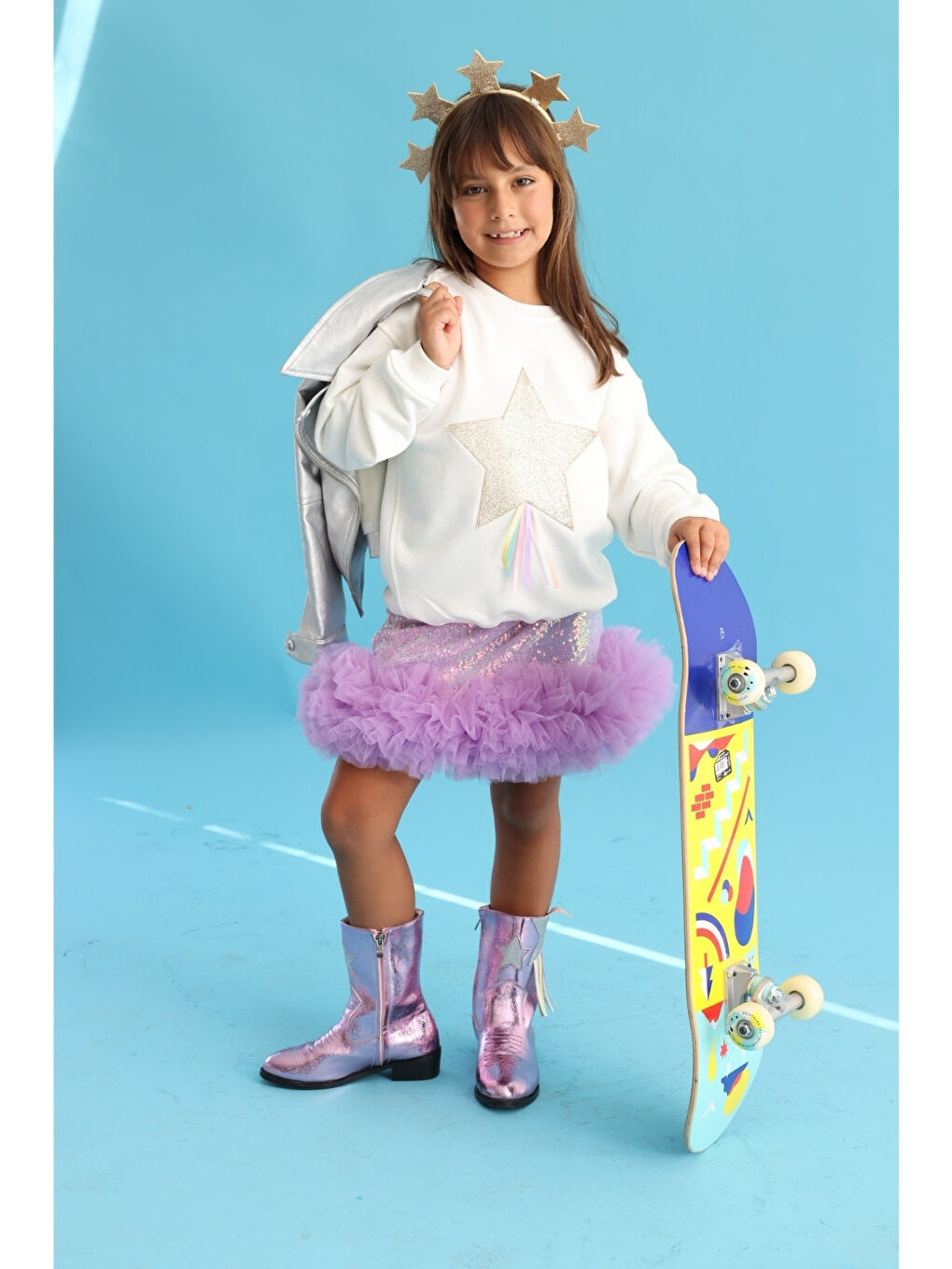 Beyaz Yıldız Nakışlı Kurdele Detaylı Kız Çocuk Sweatshirt-2