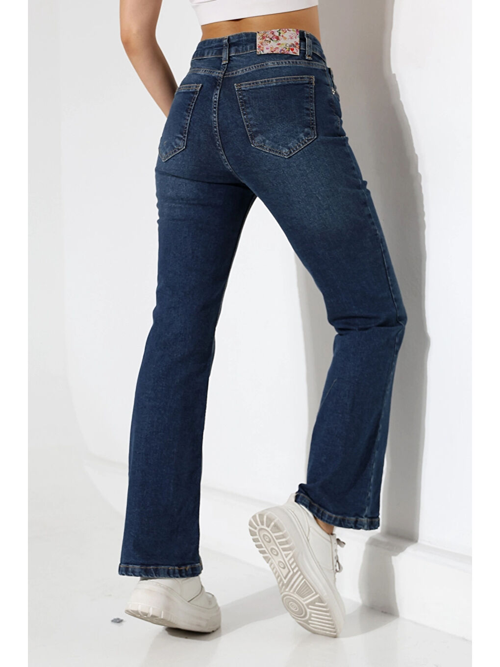 Lacivert Yüksek Bel İspanyol Paça Jean Pantolon-2
