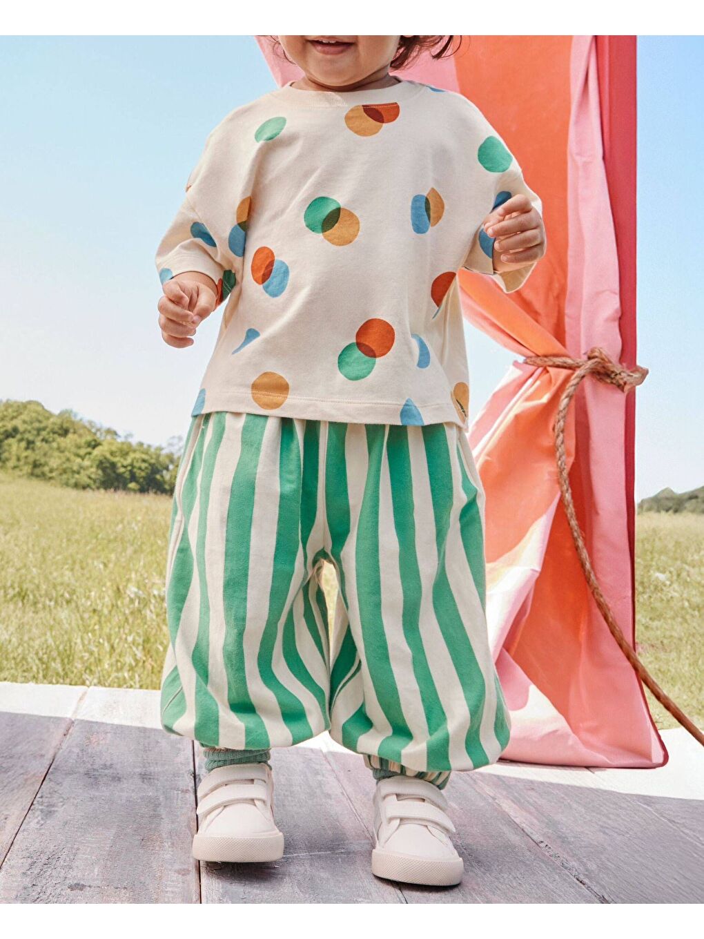 Karışık Unisex Çocuk Pamuklu Puantiyeli T-Shirt Çizgili Eşofman Takım-1