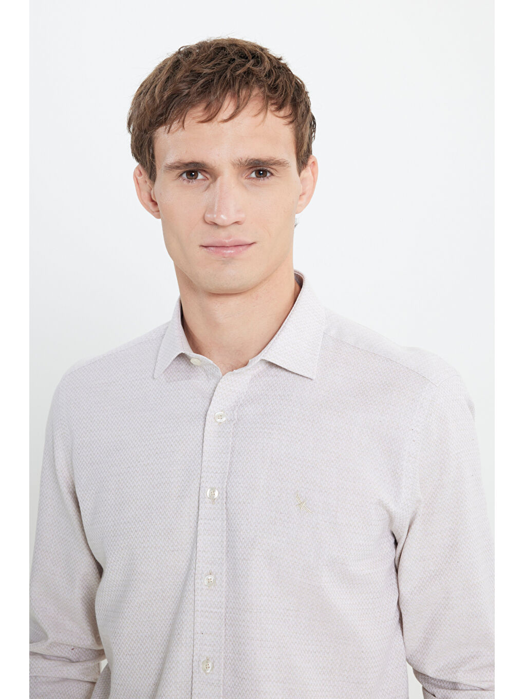 Erkek Bej %100 Pamuk Oxford Slim Fit Dar Kesim Klasik Yaka Balıksırtı Desenli Gömlek-4