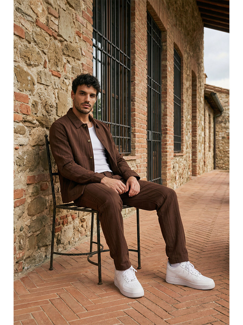 Kahverengi Talbot Premium Keten Desenli Düğmeli Ceket Pantolon Erkek Takım Relax Kalıp-3