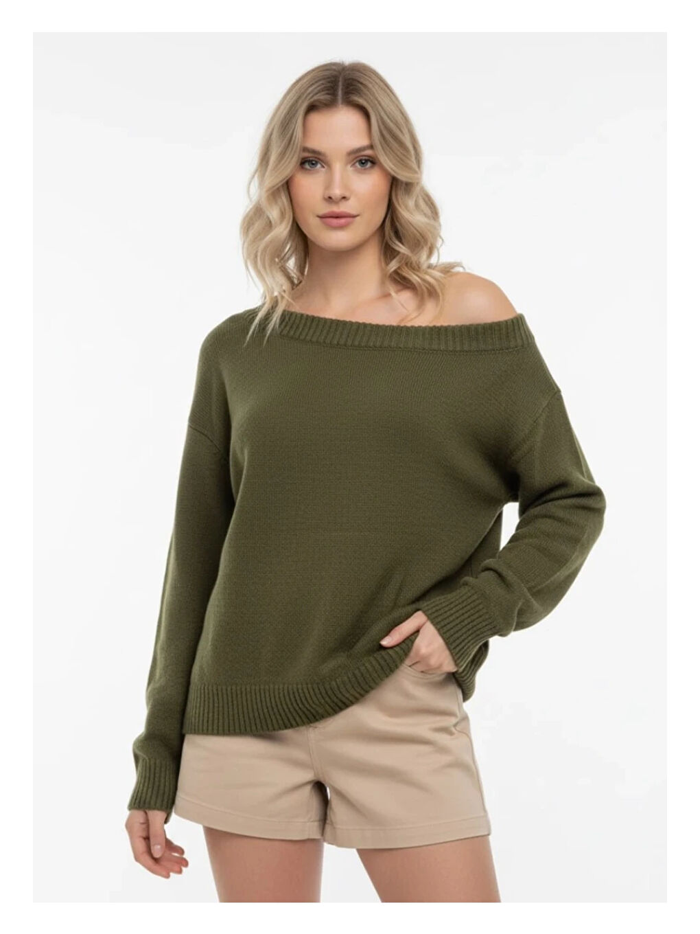 Haki Asimetrik Yaka Oversize Triko Kazak-2