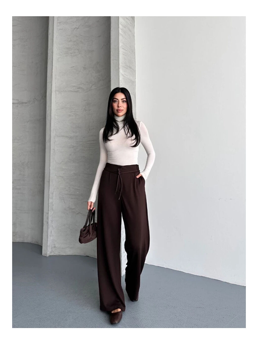 Kahverengi Modal Kumaş Bel Detay Pantalon Kahve-1
