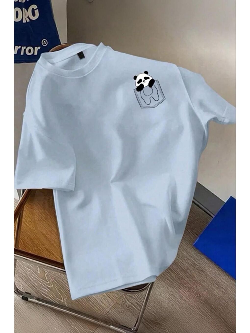 Turkuaz Cepte Panda Baskılı Oversize Unisex Pamuklu Tişört Battal Büyük Beden Tshirt