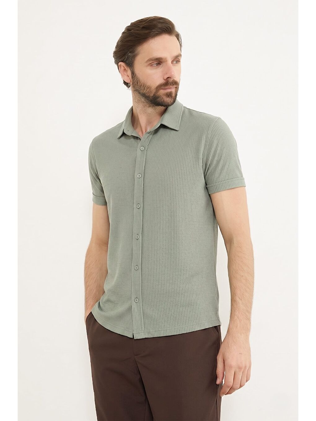 Yeşil Fitilli Kolu Katlı Slim Fit Gömlek-1