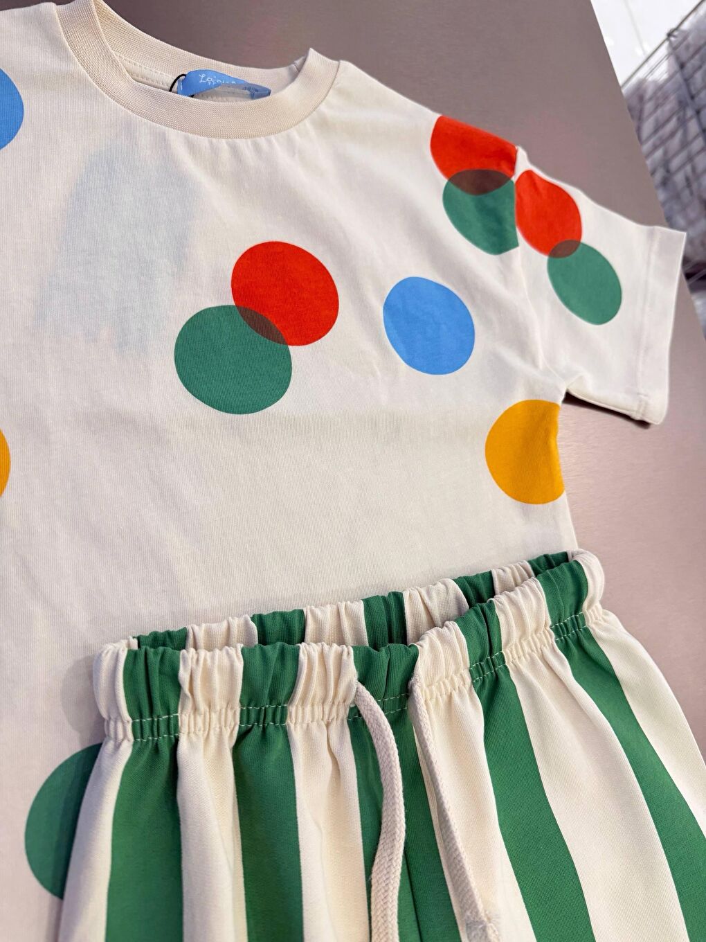 Karışık Unisex Çocuk Pamuklu Puantiyeli T-Shirt Çizgili Eşofman Takım-2