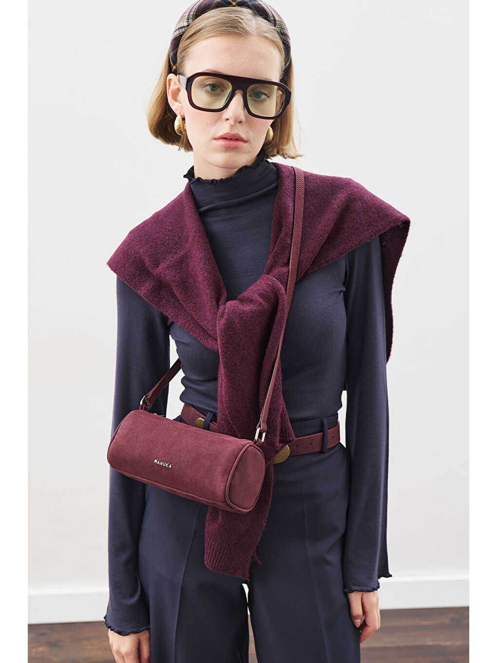 Süet Mini Oval Çanta Bordo