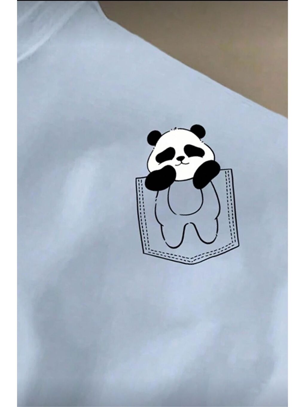 Turkuaz Cepte Panda Baskılı Oversize Unisex Pamuklu Tişört Battal Büyük Beden Tshirt-1