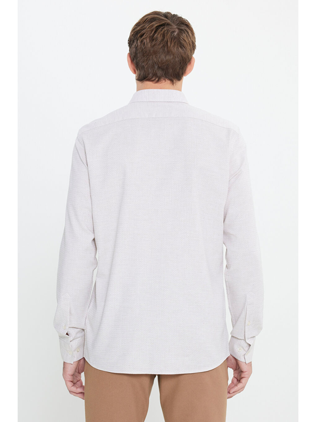 Erkek Bej %100 Pamuk Oxford Slim Fit Dar Kesim Klasik Yaka Balıksırtı Desenli Gömlek-5