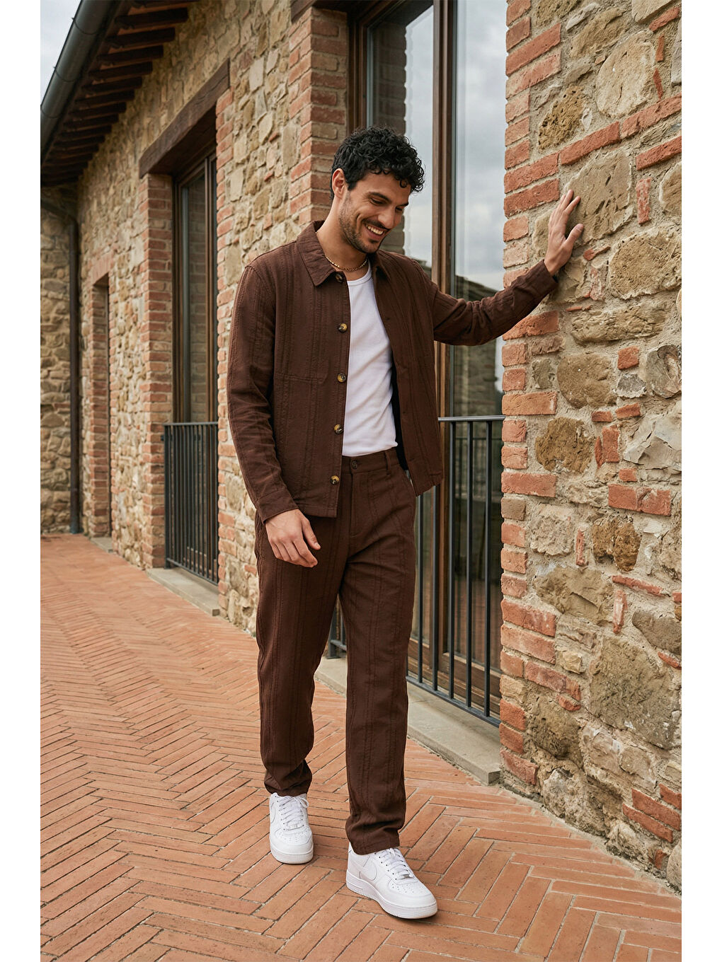 Kahverengi Talbot Premium Keten Desenli Düğmeli Ceket Pantolon Erkek Takım Relax Kalıp-4