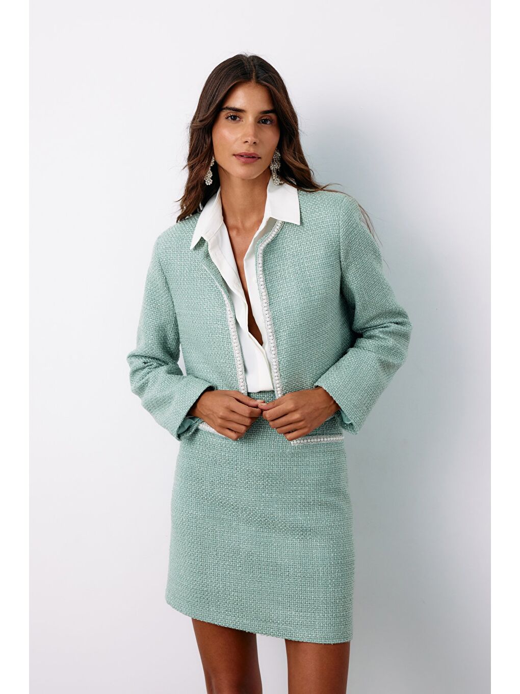 Yeşil Aksesuar Detaylı Tüvit Ceket - Mint