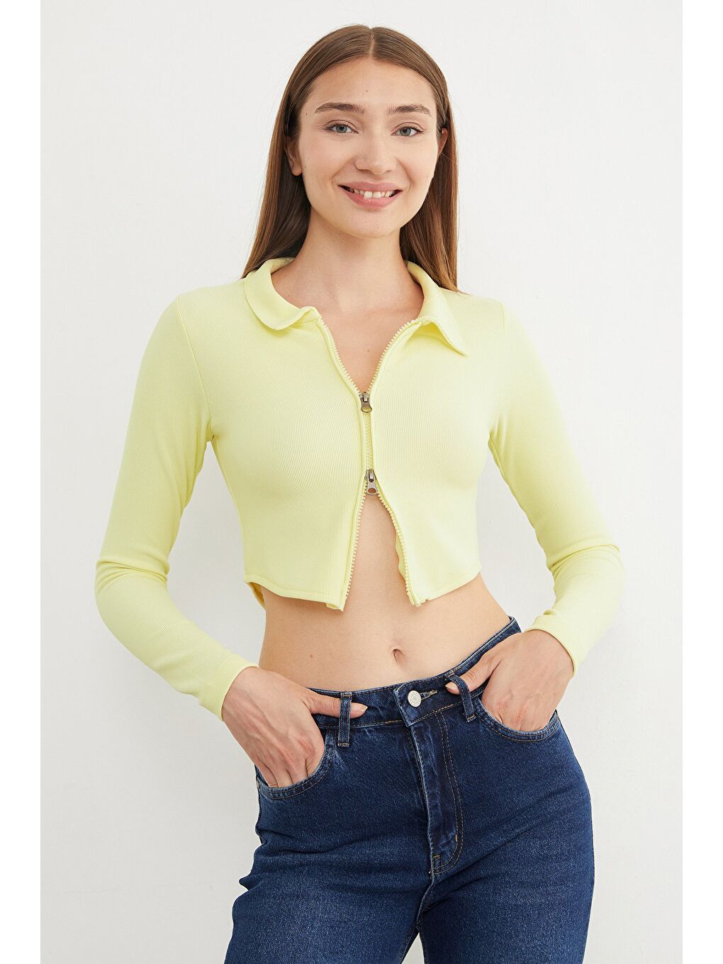 Sarı Çift Fermuarlı Polo Yaka Bluz