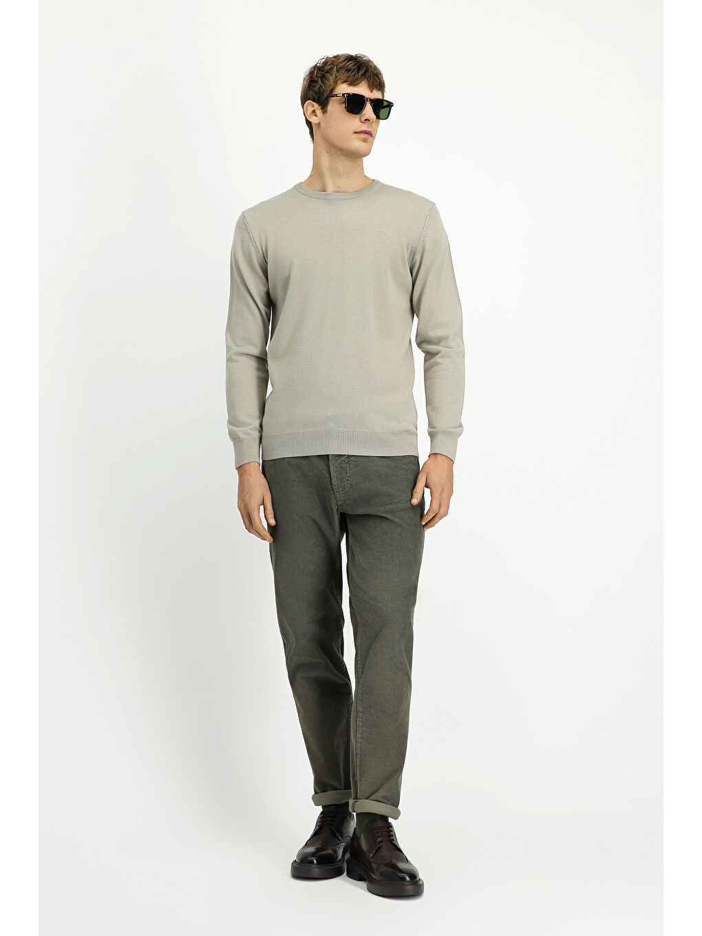 Bej Bisiklet Yaka Regular Fit Yünlü Örme Triko Kazak-1