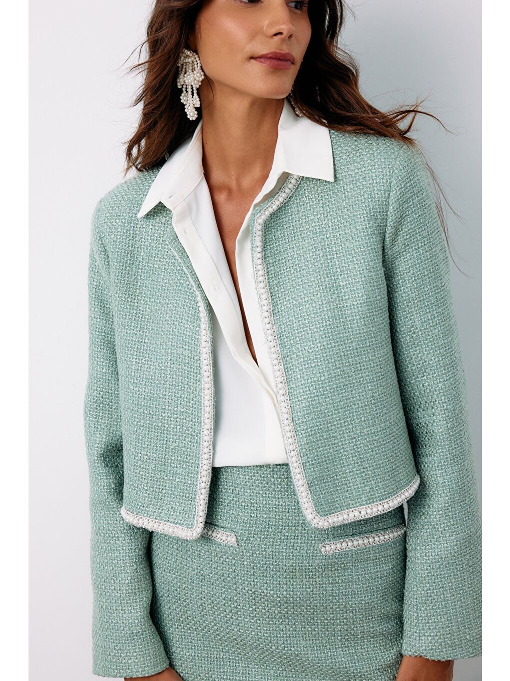 Yeşil Aksesuar Detaylı Tüvit Ceket - Mint-2