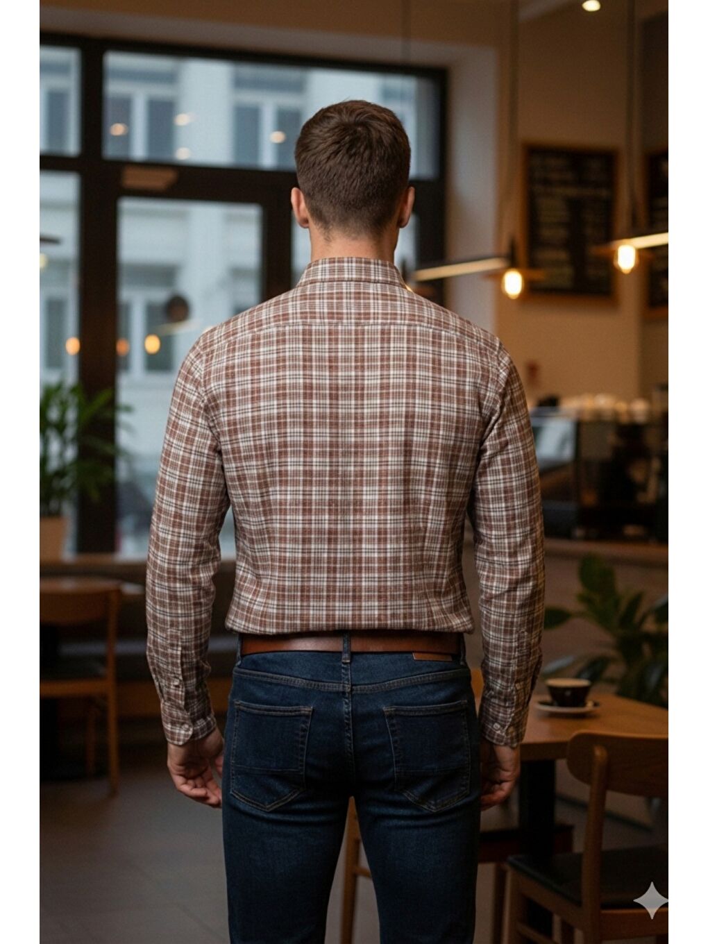 Kahverengi Erkek Ekose Slim Fit Gömlek Uzun Kollu Pamuklu Günlük & Casual Gömlek-1