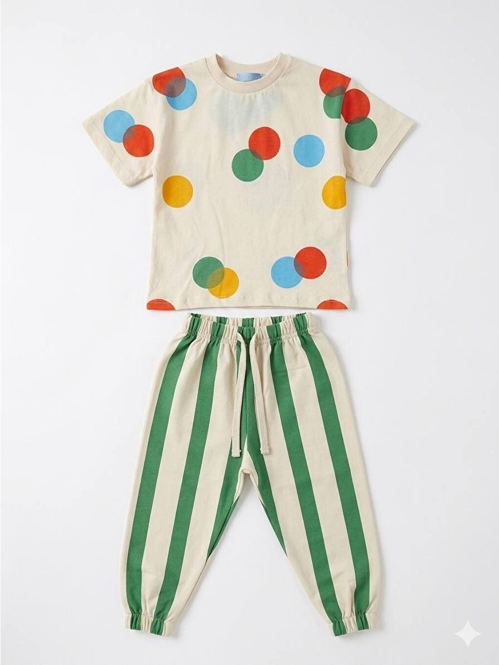 Karışık Unisex Çocuk Pamuklu Puantiyeli T-Shirt Çizgili Eşofman Takım-3