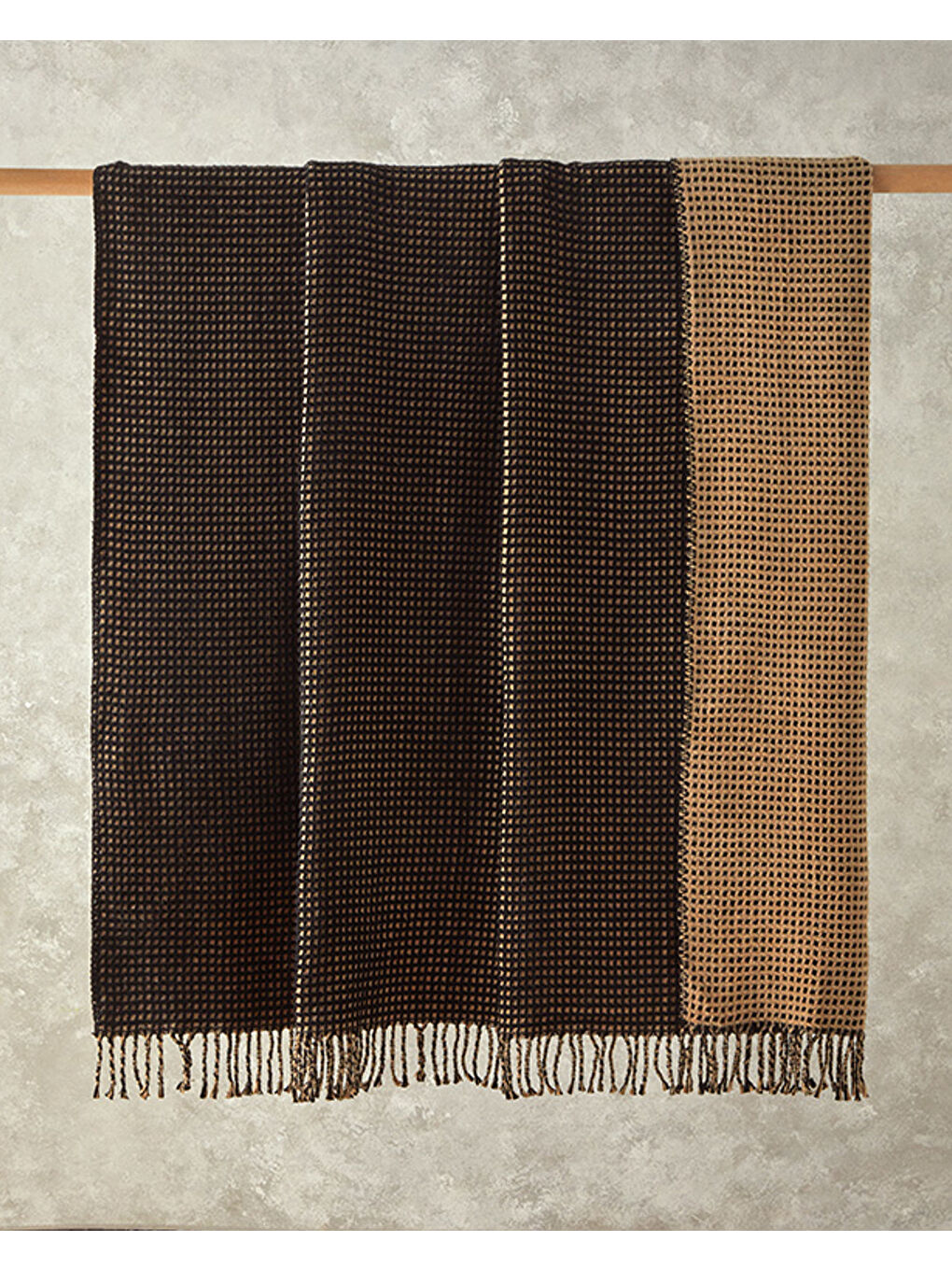 Plain Waffle Pamuklu Tek Kişilik Battaniye Antrasit - Bej-4