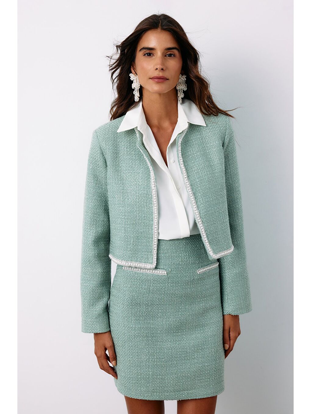 Yeşil Aksesuar Detaylı Tüvit Ceket - Mint-3