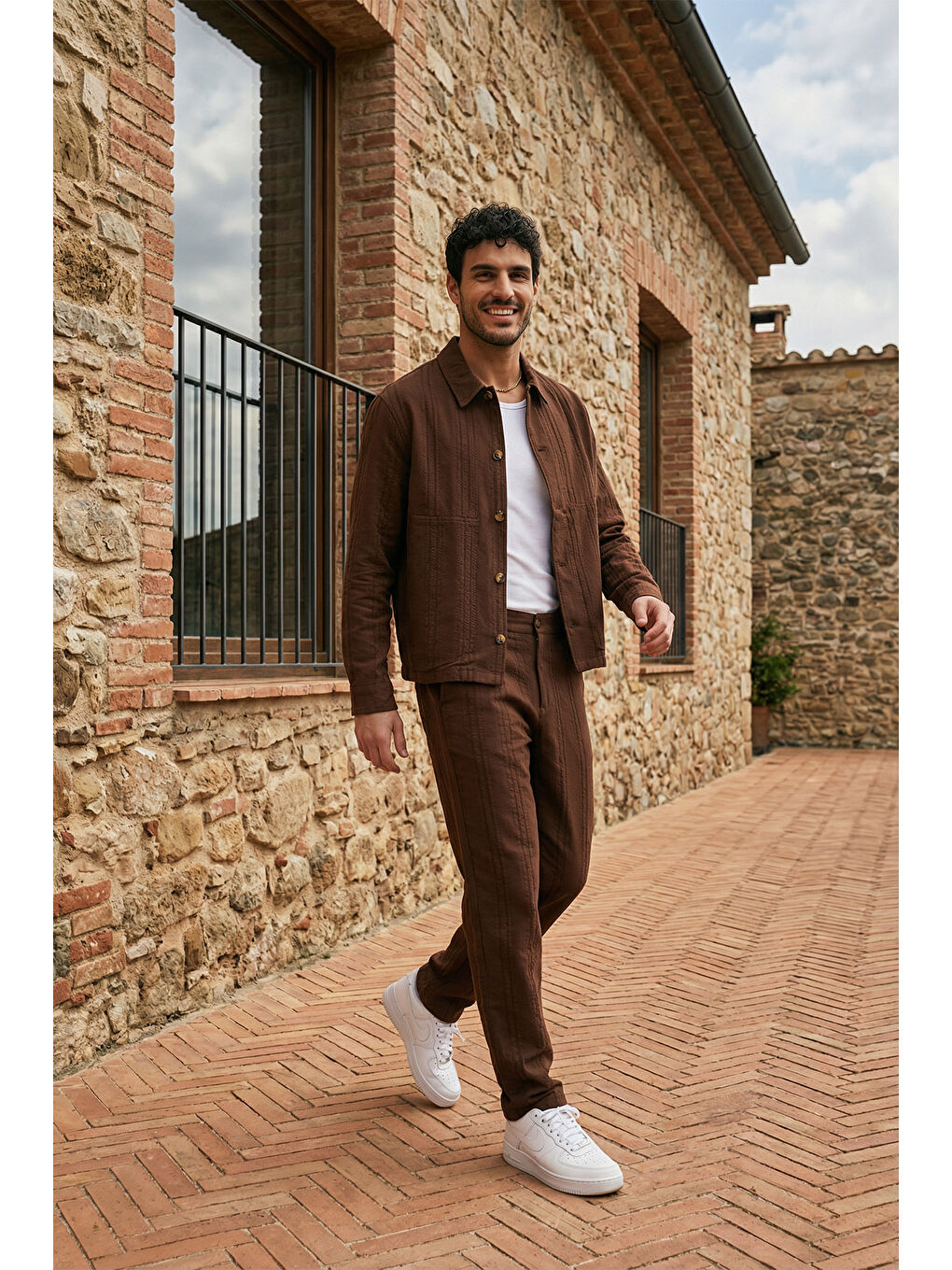 Kahverengi Talbot Premium Keten Desenli Düğmeli Ceket Pantolon Erkek Takım Relax Kalıp-5