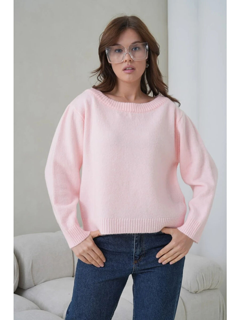 Pembe Asimetrik Yaka Oversize Triko Kazak-1