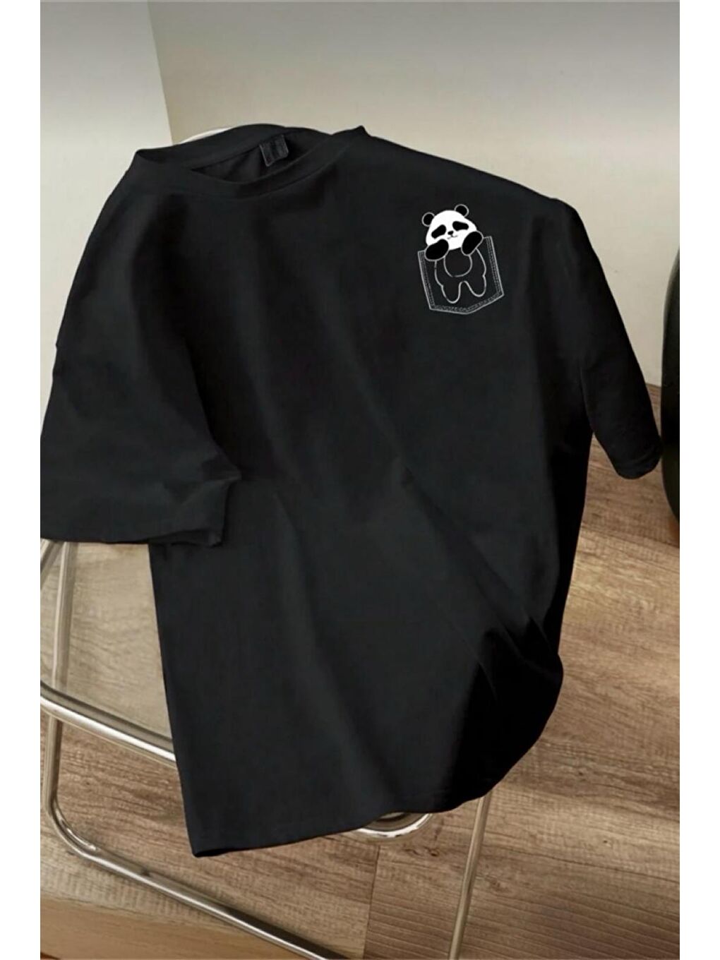 Siyah Cepte Panda Baskılı Oversize Unisex Pamuklu Tişört Battal Büyük Beden Tshirt
