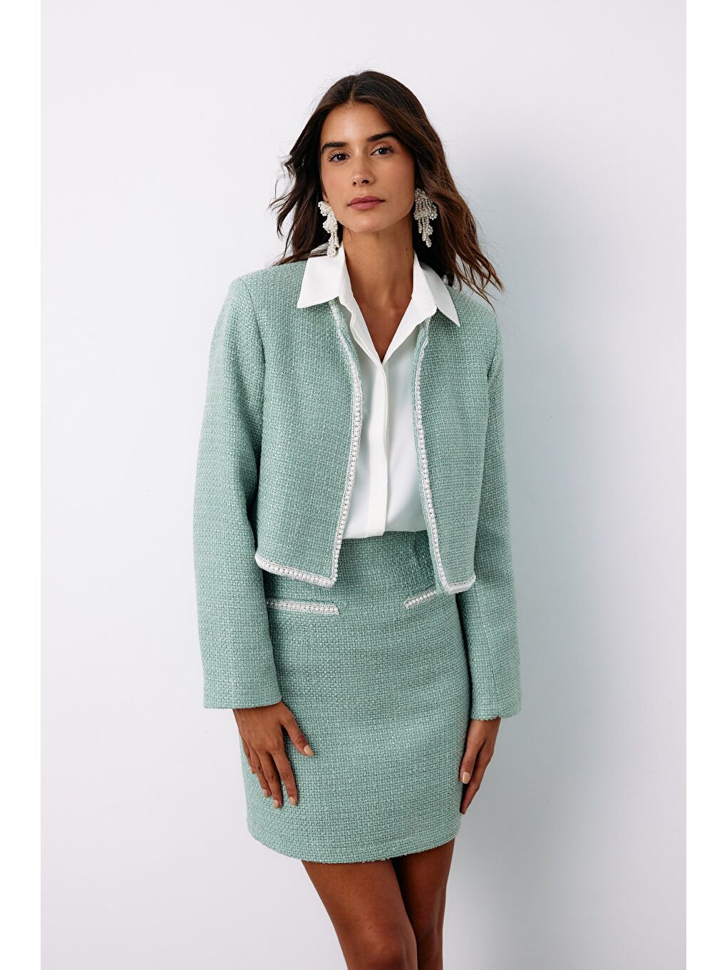 Yeşil Aksesuar Detaylı Tüvit Ceket - Mint-4