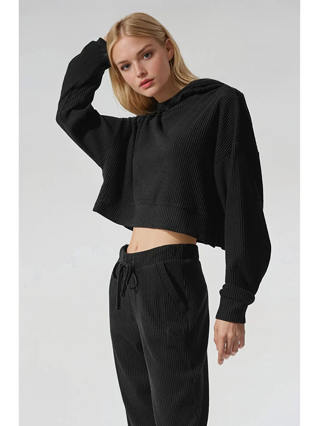 Siyah Modal Kumaş Ribana Detay Eşofman Takımı-1