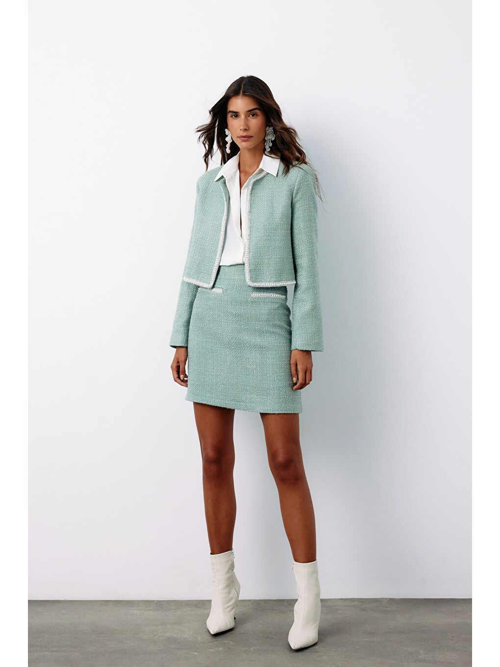 Yeşil Aksesuar Detaylı Tüvit Ceket - Mint-5