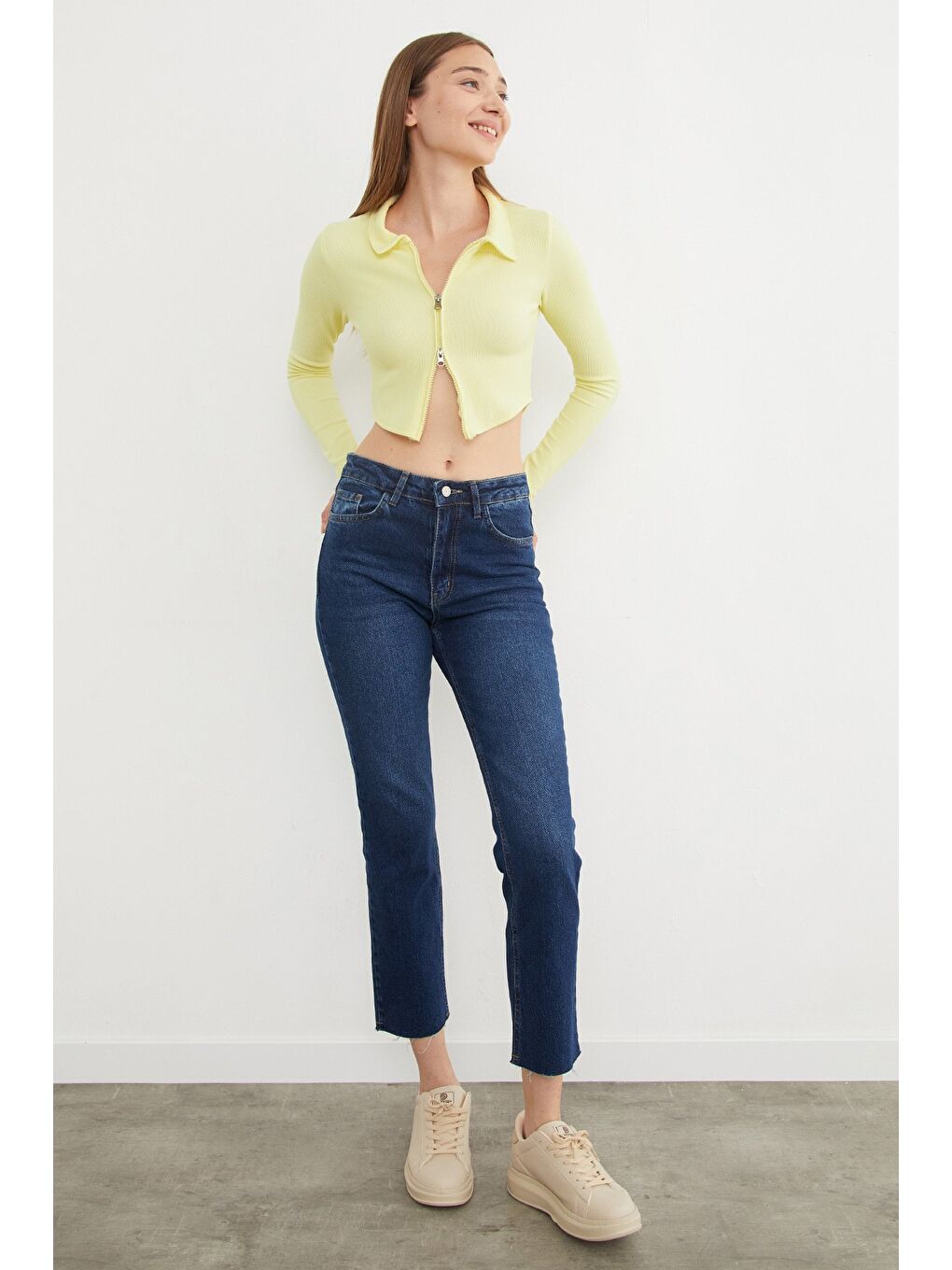 Sarı Çift Fermuarlı Polo Yaka Bluz-1