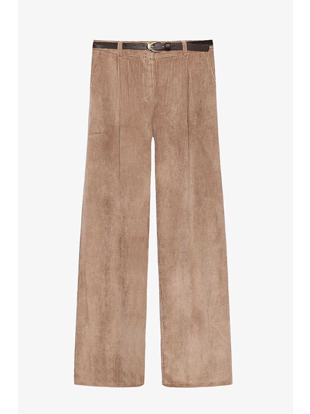 Kahverengi Kemerli Fitilli Kadife Bol Paça Pantolon Camel