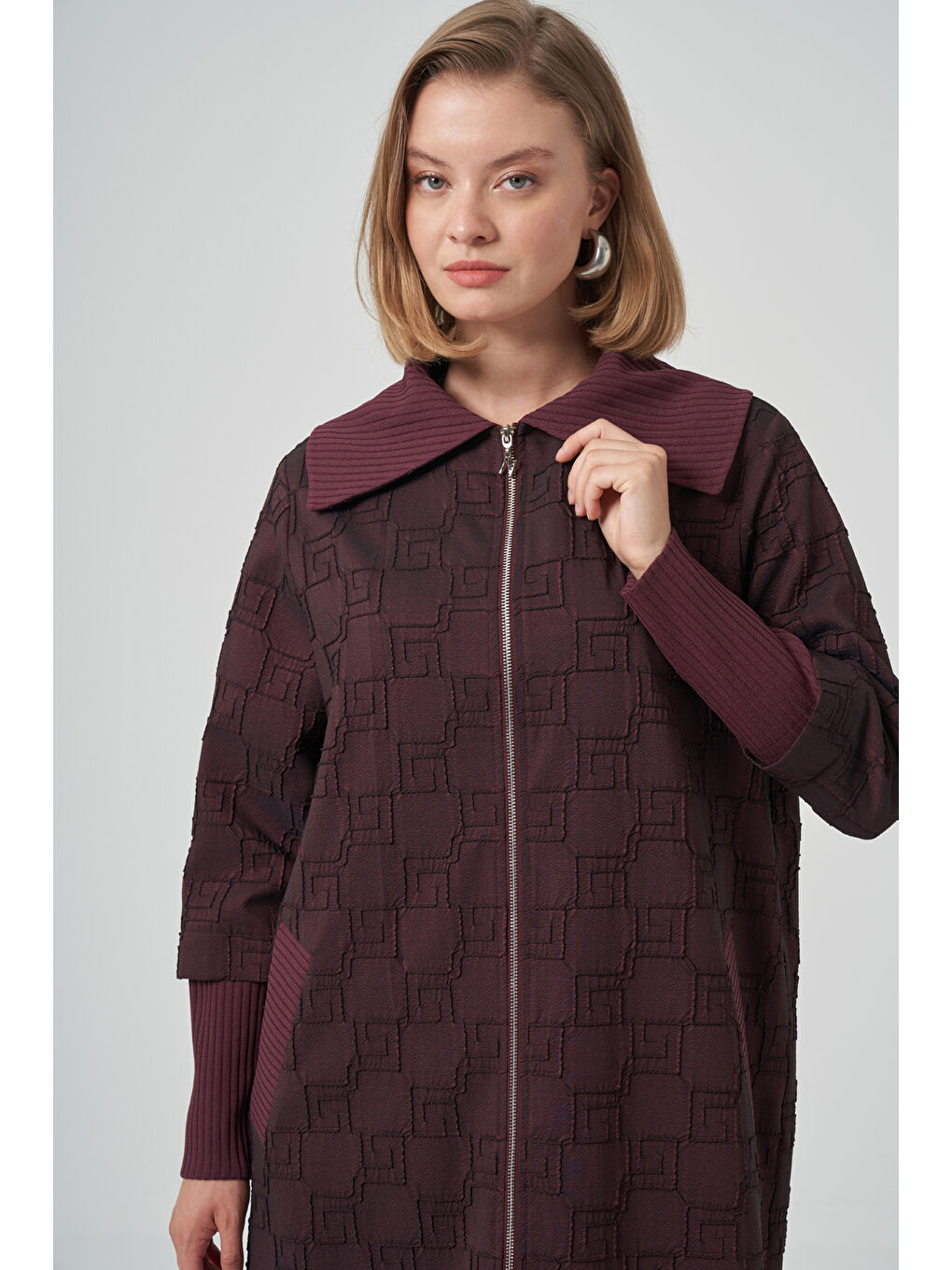 Kemer Detay Uzun Kap Ceket Pardesü 6004 Bordo-1