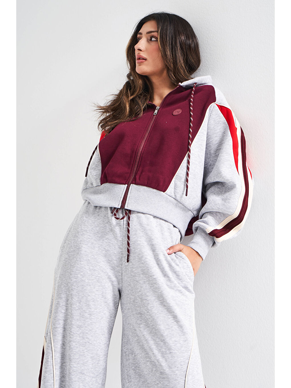 Kadın Gri Bordo Renk w5-107 Örme Kumaş Alt Üst 2'li Kombin Tasarım Eşofman Takım-4