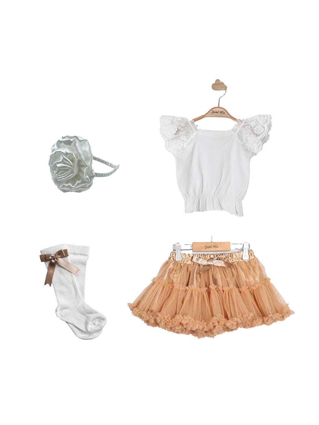 Bej Dantel Detaylı Bluz Tütü Etek Çorap Taç Takım