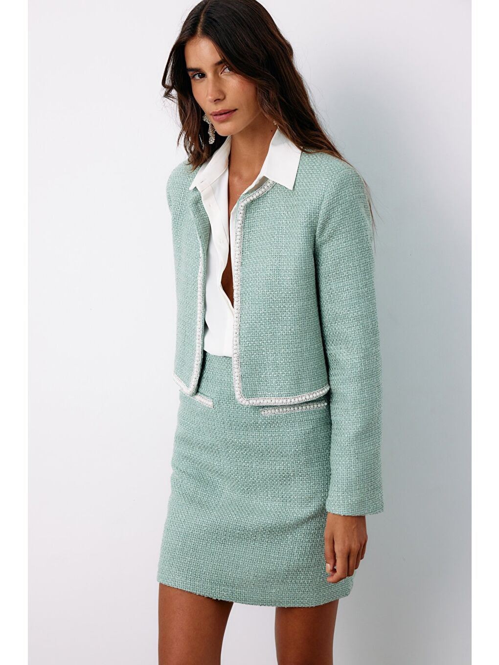 Yeşil Aksesuar Detaylı Tüvit Ceket - Mint-6